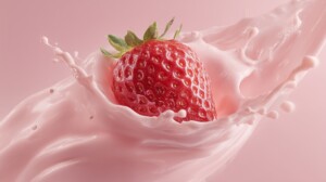 Bright red strawberry with green leaves bursting through a pink milk splash against a soft pink background.