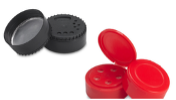 Black and red plastic bottle caps, each pair shown open with the tops removed, on a white background.