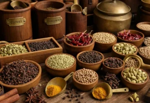 Assorted spices arranged in wooden bowls, including turmeric, cardamom, cloves, dried chilies, and peppercorns.