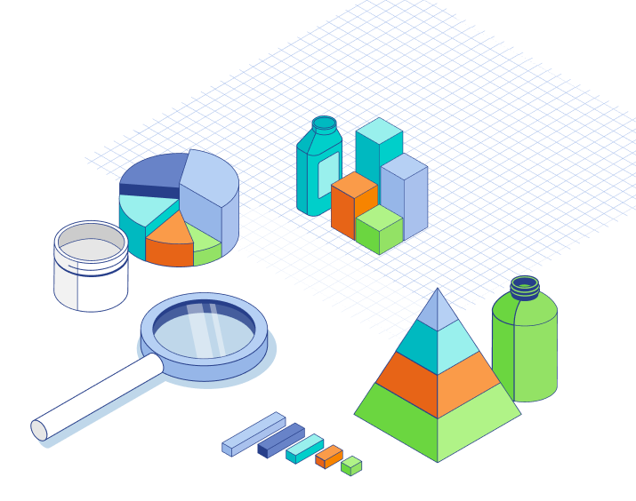 Illustration of multi colored graphs, pyramid, and bottles