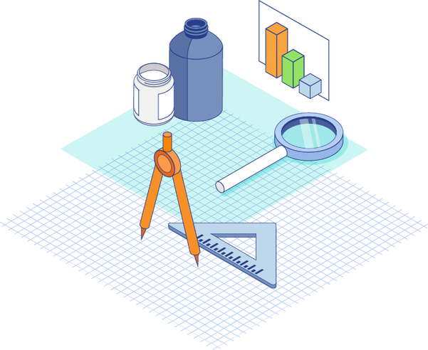 Illustration of bottles, graphs, magnifying glass, and ruler