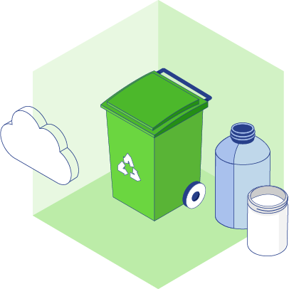 Illustration of recycle can with bottles and clouds