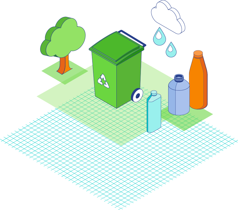 Illustration of plastic bottles and recycle bin