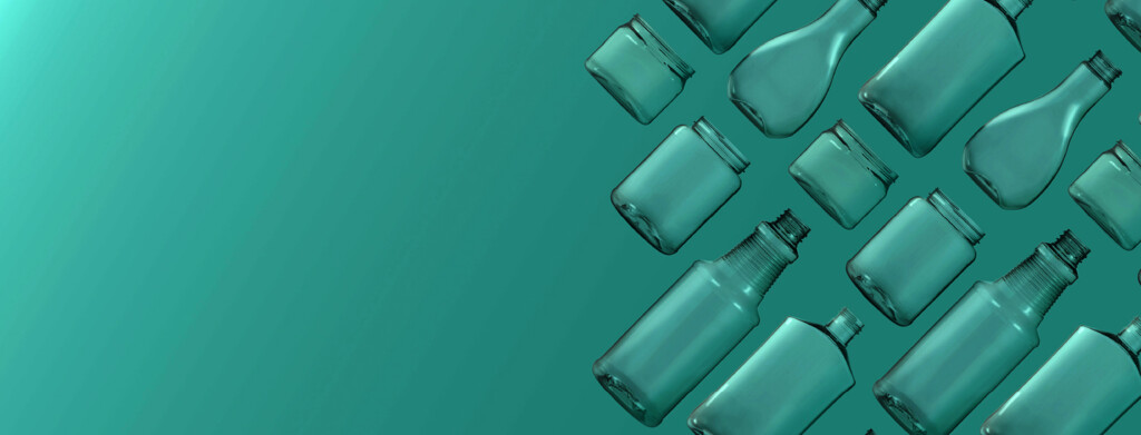 Diagonal pattern of teal glass bottles and jars on a gradient teal background.