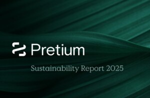 Pretium Sustainability Report 2025 cover with a dark green leaf background, white logo and title