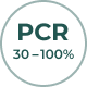 Circular badge with teal border displaying 'PCR' and '30–100%'.