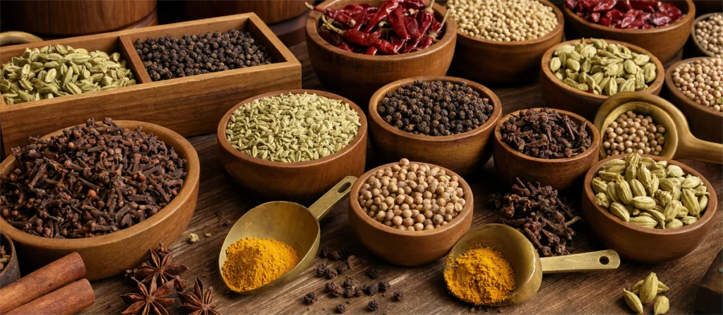 Wide assortment of spices in wooden bowls on a rustic table, featuring turmeric powder, peppercorns, star anise, cardamom, cloves, and dried chilies.