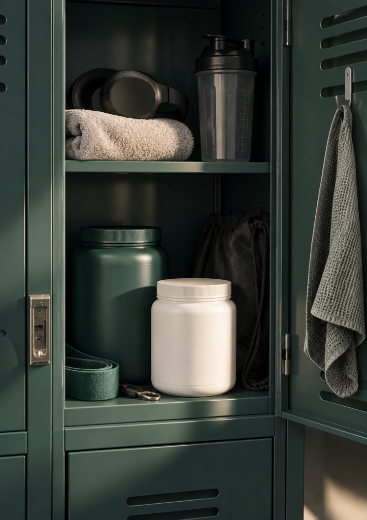 Nutritional powders in a locker at the gym