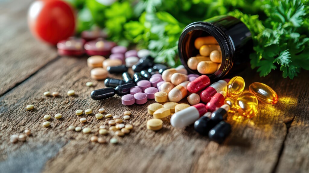 Assorted vitamins and weight loss supplements spread across a wooden table, natural lighting, weight management, healthy supplements
